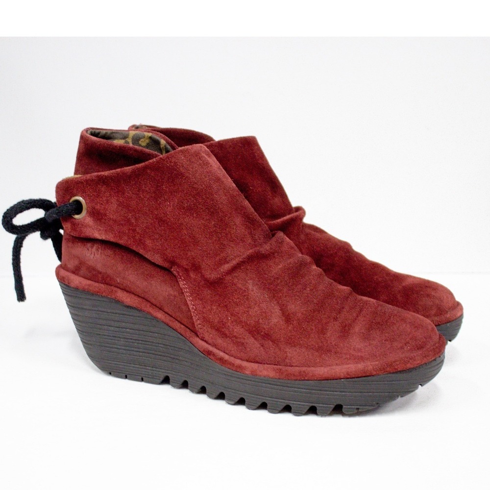 Fly London Women's Yebi Boot Size 8 US/39 EU Red Suede Wedge Platform Booties - Picture 4 of 13